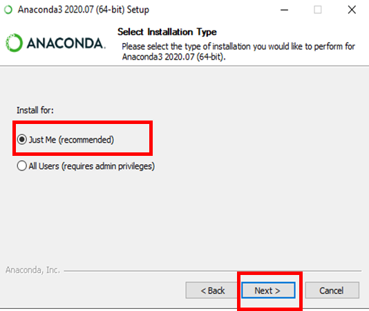 Select Installation Type dialog with 'Just Me (recommended)' selected and Next button highlighted