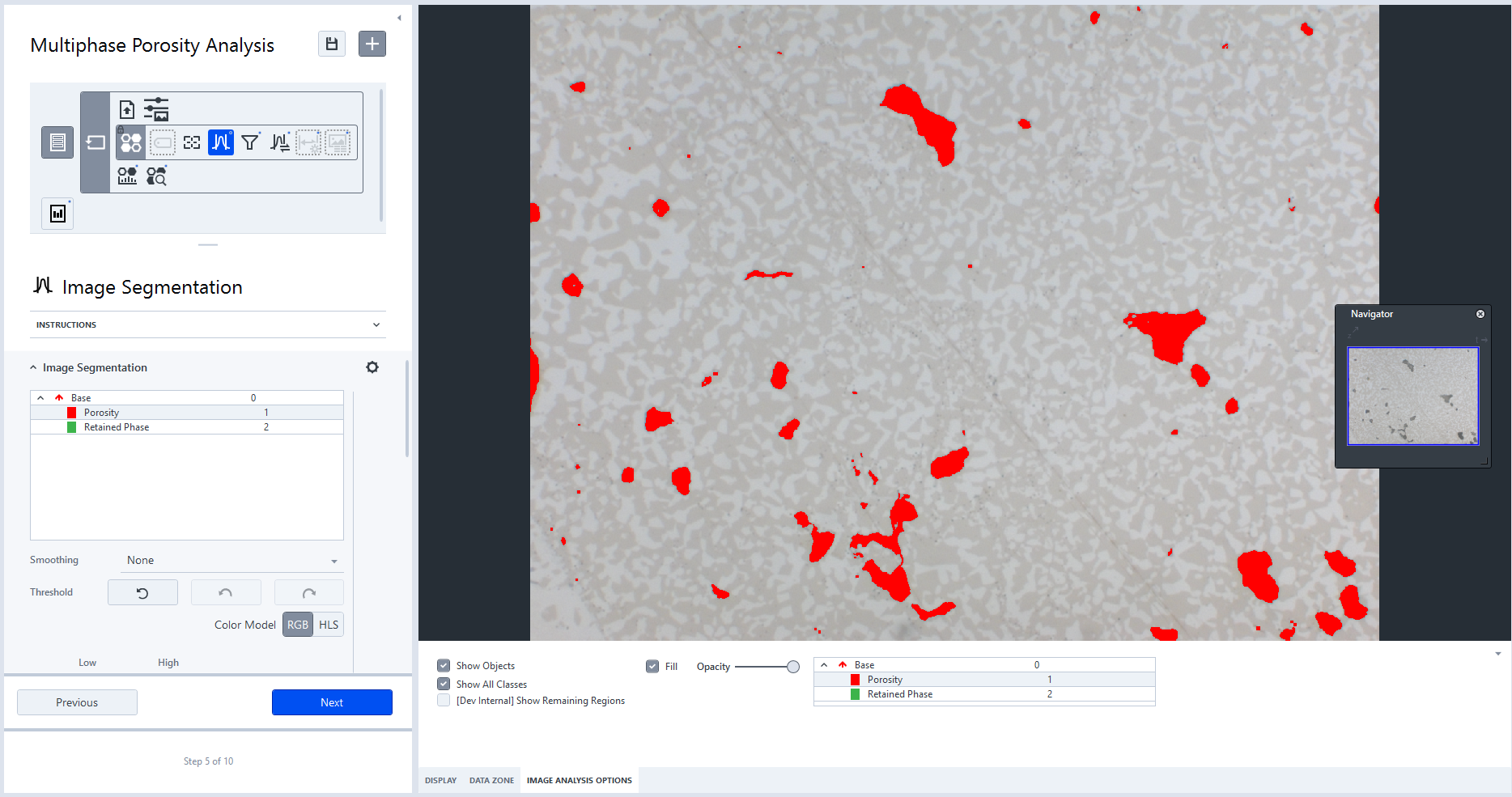 Multiphase Porosity Analysis showing Image Segmentation panel and main image with red porosity on gray background