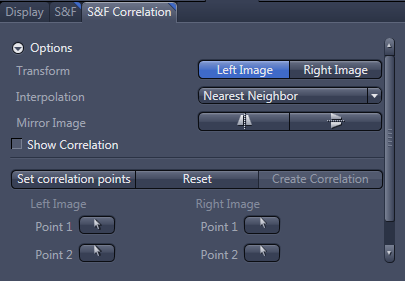 S&F Correlation panel with Transform Left/Right buttons, Interpolation Nearest Neighbor, Set correlation points button