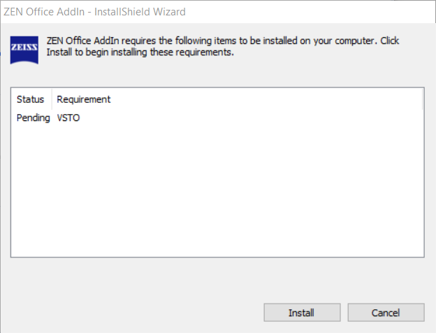 InstallShield dialog showing pending requirement VSTO with Install and Cancel buttons