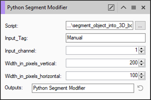 Python Segment Modifier panel with Script ...\segment_object_into_3D_bc, Input_Tag Manual, Input_channel 1, widths V200 H100