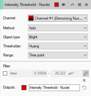 Dialog 'Intensity Threshold - Nuclei' showing Channel, Method, Object type, Thresholder and Range dropdown fields