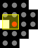 Yellow-outlined translucent green square with orange circle over black pattern of gray circles and a small pale yellow square