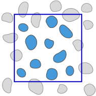 White square with blue inner square containing scattered blue irregular spots and gray translucent blobs around it