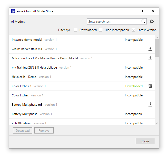 arivis Cloud AI Model Store window listing AI models with search box and Download and Remove buttons