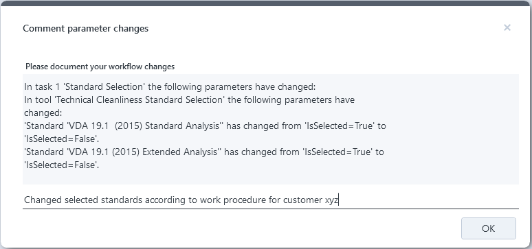 Dialog 'Comment parameter changes': VDA 19.1 Standard and Extended changed IsSelected True→False; comment field and OK