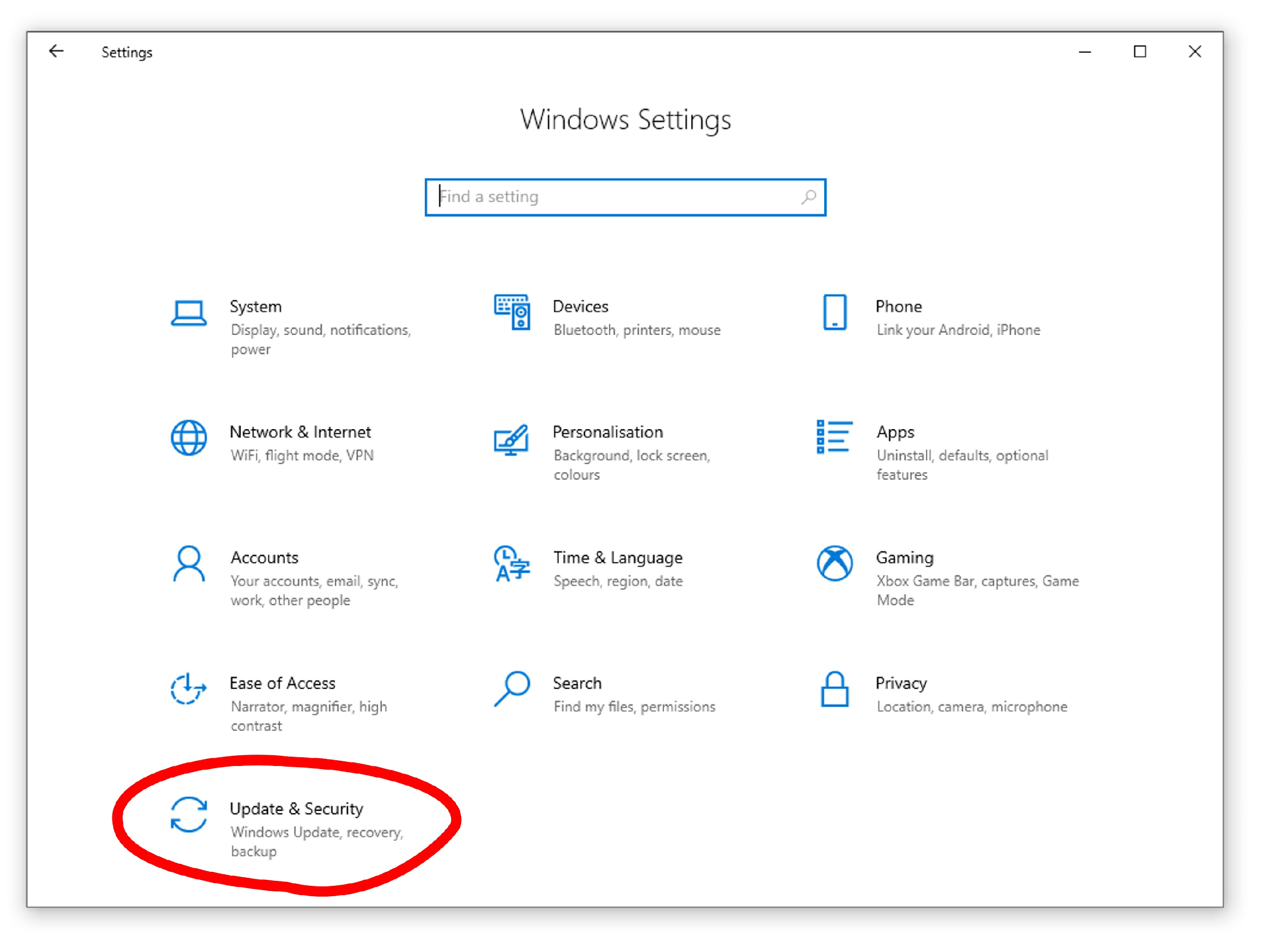 Windows Settings screen showing Update & Security option circled