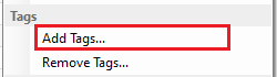 Tags menu showing Add Tags... option highlighted