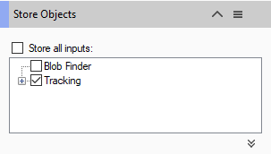 Window 'Store Objects' with 'Store all inputs:' box; list shows 'Blob Finder' unchecked and 'Tracking' checked.
