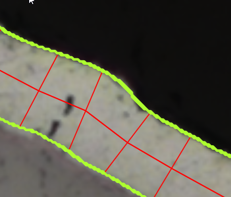 Image showing pale sample with green wavy edge overlay and red perpendicular chords forming a grid