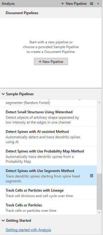 Analysis panel showing Document Pipelines and Sample Pipelines list with 'Detect Spines with Use Segments Method' highlighted.