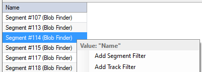 Context menu 'Value: "Name"' over segment list with 'Segment #114 (Blob Finder)' selected
