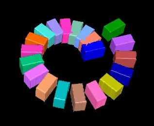 Circle of colorful rectangular boxes arranged in a spiral on black background
