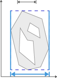 Gray irregular polygon with two internal cutouts inside a blue rectangular bounding box with double-headed width arrows.