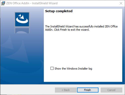 InstallShield Setup completed dialog confirming ZEN Office AddIn installed with Finish button and installer log checkbox