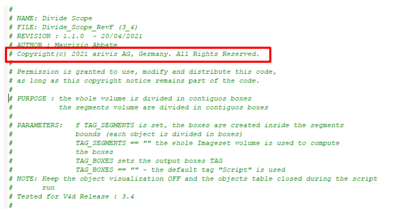 Code screenshot showing commented copyright line: Copyright(c) 2021 arivis AG, Germany. All Rights Reserved.