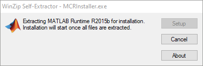 WinZip Self-Extractor dialog extracting MATLAB Runtime R2015b with Setup, Cancel, and About buttons