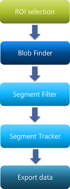 Vertical flowchart of five boxes labeled ROI selection, Blob Finder, Segment Filter, Segment Tracker, Export data