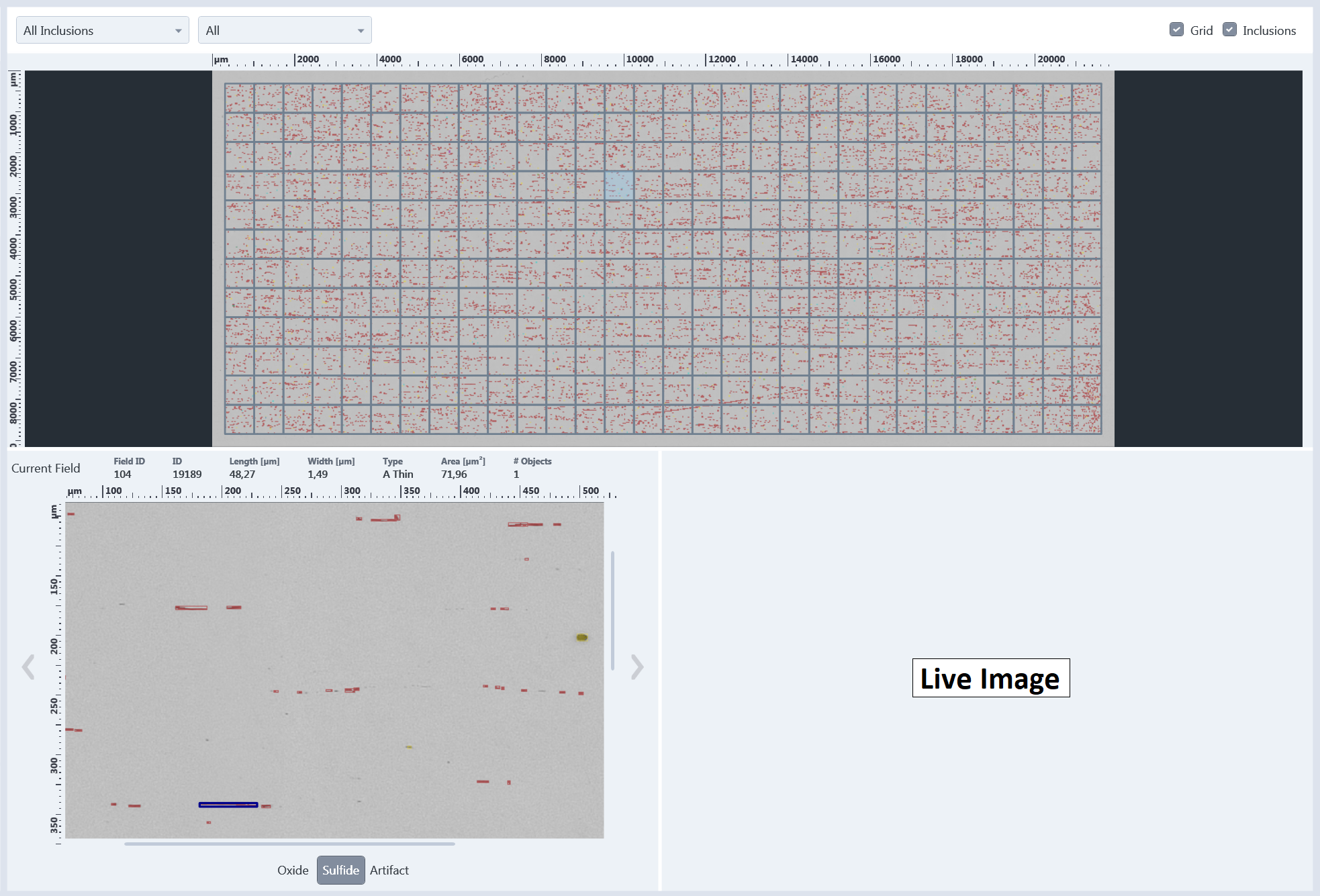 Specimen grid view with red inclusion markers, µm rulers, current field details, Sulfide selection and Live Image placeholder