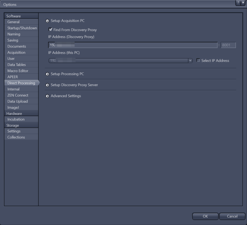 Options dialog: Setup Acquisition PC with Find From Discovery Proxy checked, Discovery Proxy IP field and port 8001.