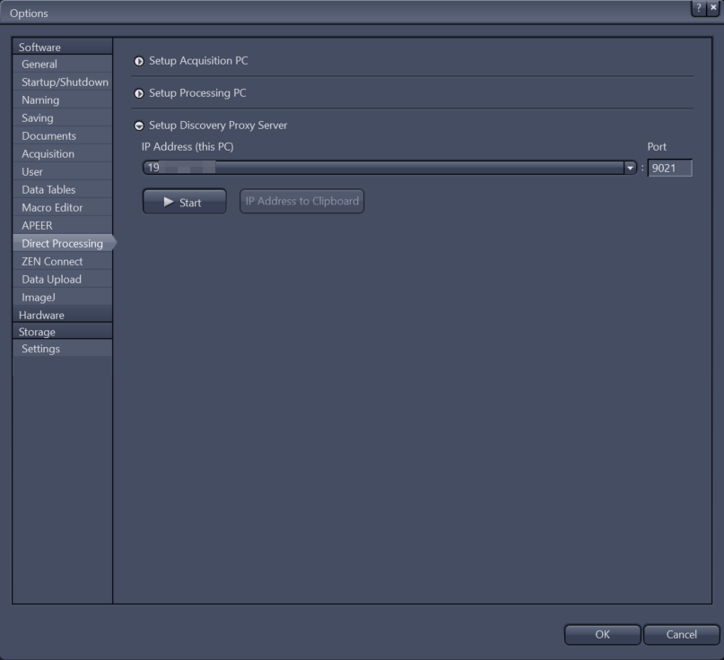 Options dialog showing Setup Discovery Proxy Server selected, IP Address (this PC) dropdown, Port 9021, Start, OK, Cancel