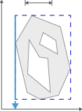 Gray irregular polygon with inner hole next to solid blue axes and dashed blue bounding box with top dimension arrow