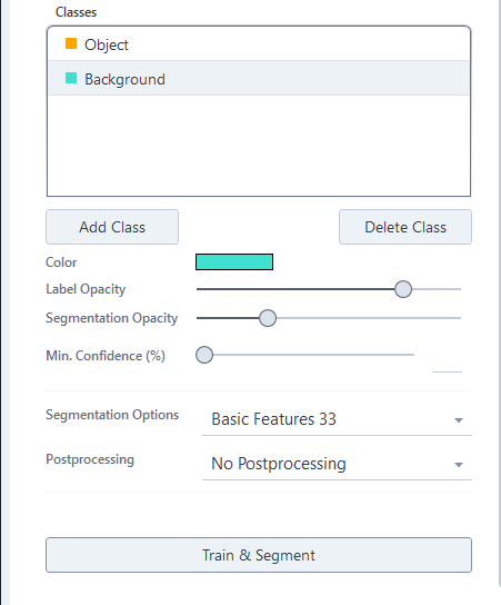 Classes panel with 'Object' and 'Background', opacity sliders, Segmentation Options 'Basic Features 33', Train & Segment