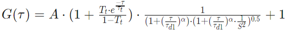 Two stacked equations for G(τ) showing A, Tt, e^{-τ/τt}, τt, τd1 and α