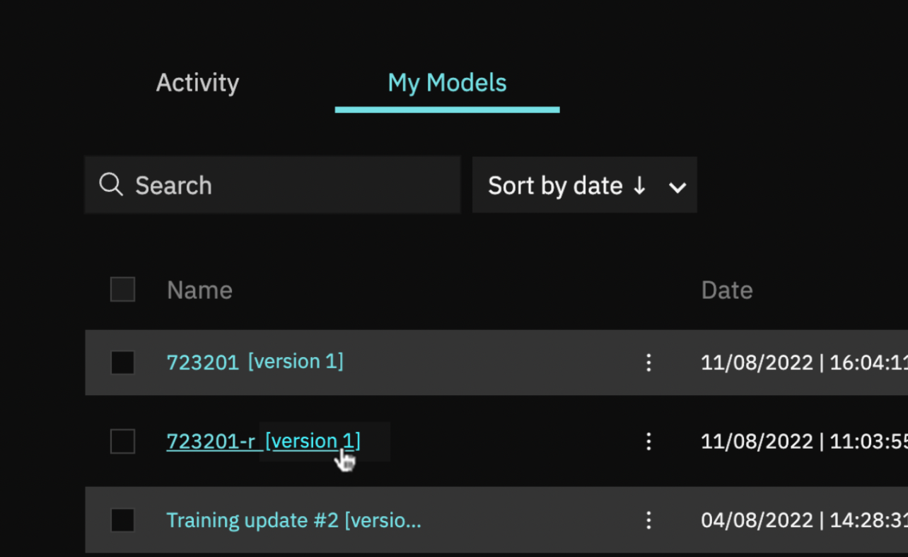 My Models page with Search box, Sort by date button and model list showing 723201 [version 1] and dates
