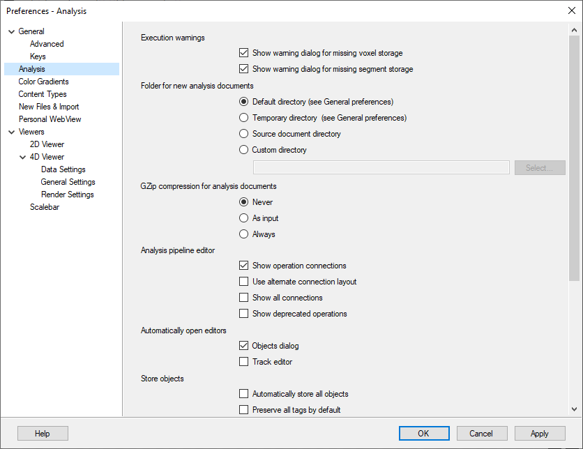 Preferences - Analysis dialog showing Default directory selected, GZip 'Never', 'Show operation connections' and 'Objects dialog' checked