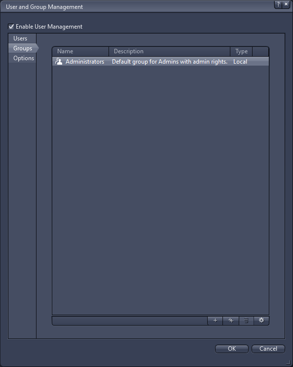 User and Group Management window; Enable User Management checked; Groups tab shows Administrators (Default group for Admins)