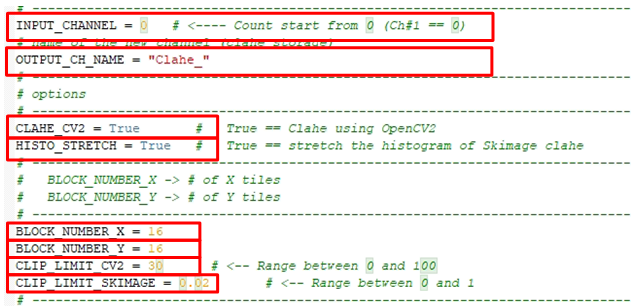 Code screenshot of CLAHE options: INPUT_CHANNEL=0, CLAHE_CV2=True, BLOCK_NUMBER_X=16, CLIP_LIMIT_CV2=30