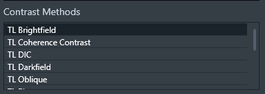 Contrast Methods list showing TL Brightfield, TL Coherence Contrast, TL DIC, TL Darkfield and TL Oblique