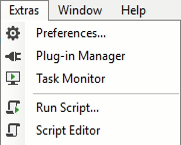 Menu bar 'Extras' dropdown listing Preferences..., Plug-in Manager, Task Monitor, Run Script..., Script Editor