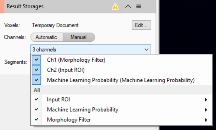 Result Storages panel showing Channels set to Manual and a '3 channels' dropdown with checked Ch1 (Morphology Filter), Ch2 (Input ROI), Machine Learning Probability