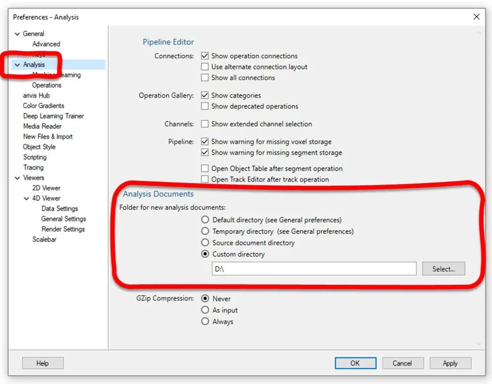 Preferences - Analysis dialog showing Analysis Documents section with options and Custom directory D:\