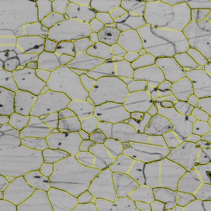 Gray micrograph of polygonal grains with yellow boundary overlays, black grain lines and scattered dark specks