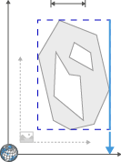Gray irregular polygon inside dashed blue bounding box and solid blue rectangle, axes arrows and small cube icon