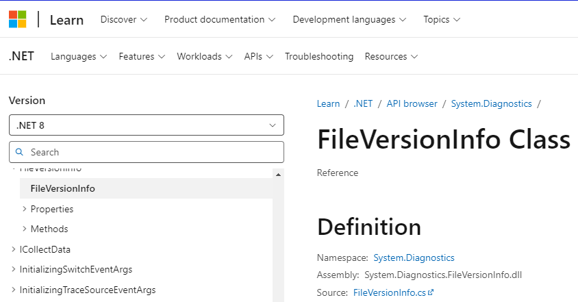 Microsoft Learn page showing FileVersionInfo Class, Version .NET 8, Assembly System.Diagnostics.FileVersionInfo.dll