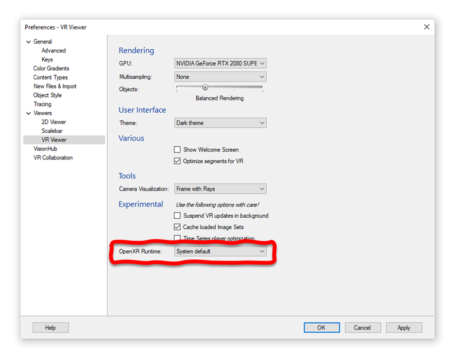 Preferences - VR Viewer dialog showing OpenXR Runtime: System default highlighted in red