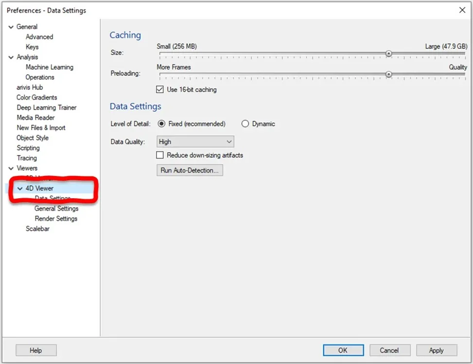 Preferences Data Settings window showing '4D Viewer' circled in red and 'Run Auto-Detection...' button