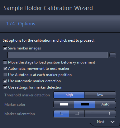 Sample Holder Calibration Wizard Options dialog; checked marker detection options and Save marker images; Threshold: high