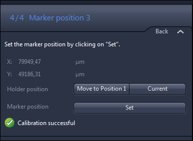 Marker position 3 dialog showing X:79949,47 µm Y:49186,31 µm, Move to Position 1 and Current buttons, Calibration successful