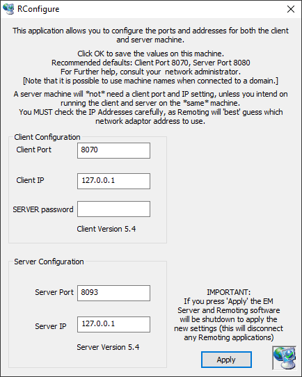 RConfigure dialog showing Client Port 8070, Client IP 127.0.0.1, Server Port 8093, Server IP 127.0.0.1 and Apply button