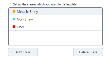 Intellesis Object Classification UI with classes Metallic-Shiny, Non-Shiny, Fiber, annotated image with outlines and a table