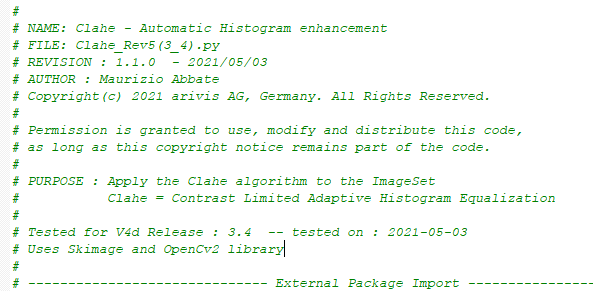 Python script header showing NAME: Clahe; FILE: Clahe_Rev5 (3_4).py; AUTHOR: Maurizio Abbate; Copyright 2021 arivis AG