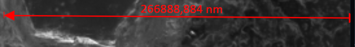 Grayscale image with red horizontal measurement arrow labeled 266888,884 nm