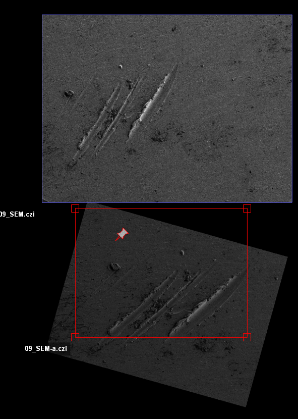 Grayscale SEM image showing three parallel elongated bright features, red selection box and pin icons, label 09_SEM.czi