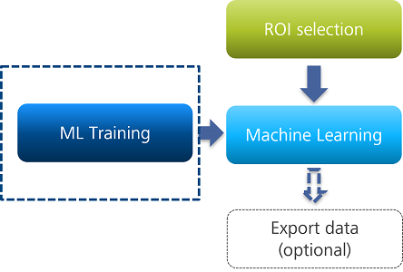 Diagram showing 'ML Training' arrow to 'Machine Learning', 'ROI selection' arrow above, and 'Export data (optional)' below.