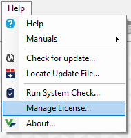 Help menu showing Manage License highlighted with options like Check for update and Manuals